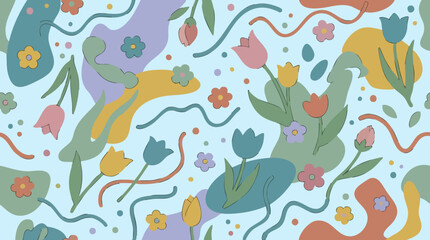 Obraz premium Retro Floral Seamless Pattern with Tulips, Abstract Shapes, and Wavy Lines
