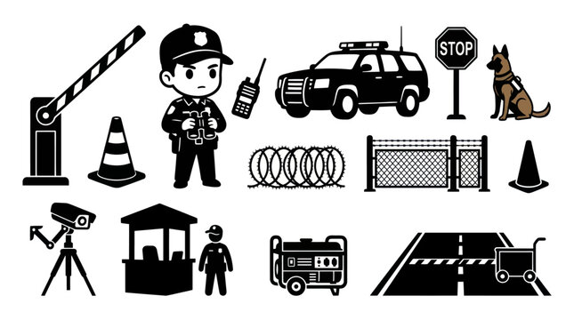 Security and Law Enforcement Black and White Glyph Vector Icons: Police, Guard, Surveillance, Access Control Elements
