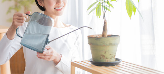 観葉植物にジョウロで水やりする女性 © polkadot