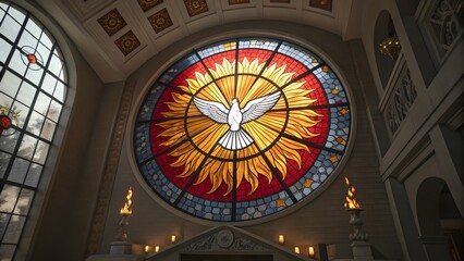 Obraz premium Stained glass dove descending in ornate church dome with arched windows and religious decor