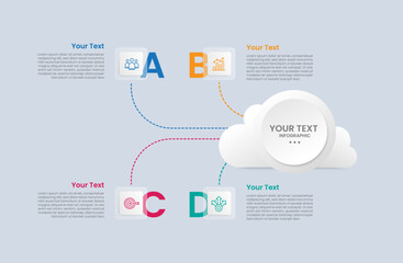 Naklejka premium Cloud shape infographic with glossy gradient style with big cloud and circle inside with dotted line round curve with square box with four segment information