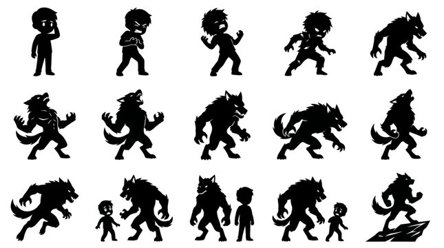 Fantasy Horror Werewolf Transformation Silhouette Icons Set - Human to Monster Evolution Stages Glyph Vector