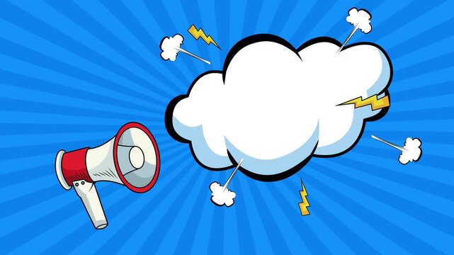 Animated megaphone blast of sound and speech bubble in comic pop art style.