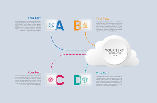 Cloud shape infographic with glossy gradient style with big cloud and circle inside with dotted line round curve with square box with four segment information