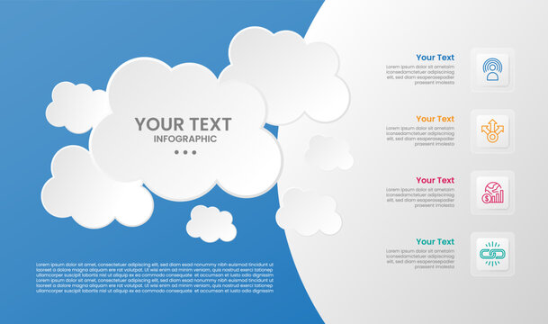 Cloud shape infographic with glossy gradient style with half side background with big and small cloud on left with square box stacked with four segment information