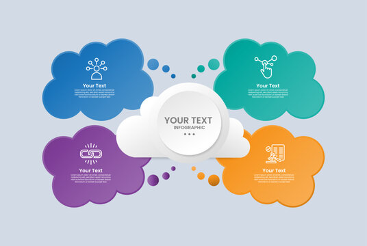 Cloud shape infographic with glossy gradient style with cloud container with quadrant structure and discussion box with four segment information