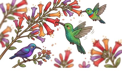 Male sunbird feeding on nectar close up action wildlife flat vector illustration © minarul