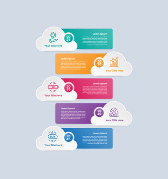 Cloud shape infographic with glossy gradient style with rectangle box with cloud on edge vertical stack list on opposite badge with five segment information