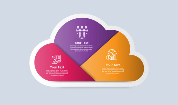 Cloud shape infographic with glossy gradient style with piechart shape with slice line on big cloud shape with three segment information