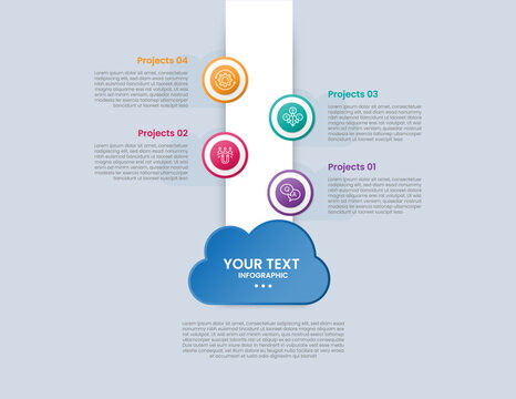 Cloud shape infographic with glossy gradient style with vertical rectangle box with circle badge side opposite direction on stacked list with four segment information