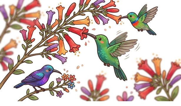 Male sunbird feeding on nectar close up action wildlife flat vector illustration