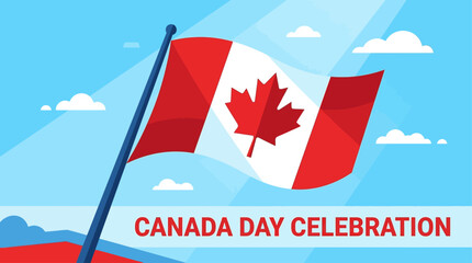 Obraz premium A crisp Flat Design illustration of a geometrically stylized Canadian flag waving, accompanied by 'Canada Day Celebration' text, symbolizing national pride
