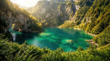 Obraz premium Serene Emerald Lake Nestled Amidst Lush Green Forested Mountains.