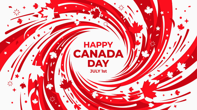 An energetic Flat Design illustration featuring abstract red and white shapes swirling around 'Happy Canada Day' text, symbolizing dynamic celebration and national spirit.