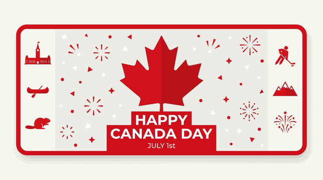 A stylish Flat Design banner featuring 'Happy Canada Day' with a central maple leaf and geometric patterns, perfect for digital greetings and promotions.