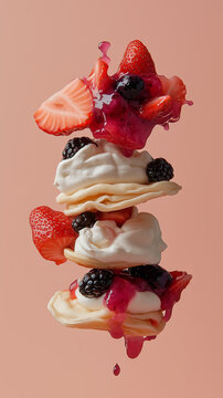 Floating crepe stack with cream, strawberry and glaze on pink