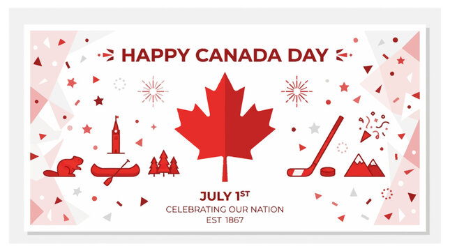 A stylish Flat Design banner featuring 'Happy Canada Day' with a central maple leaf and geometric patterns, perfect for digital greetings and promotions.