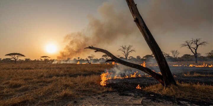 A wildfire spreads across a dry savanna landscape, with flames licking at the base of a leaning dead tree trunk under a hazy sunset sky.
