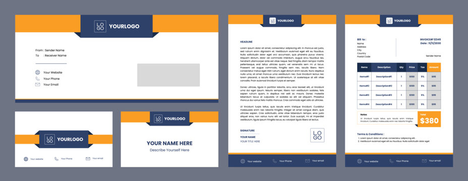 Corporate business branding identity template set containing invoice, letterhead, envelope, and business cards with blue and orange geometric ribbon band designs.