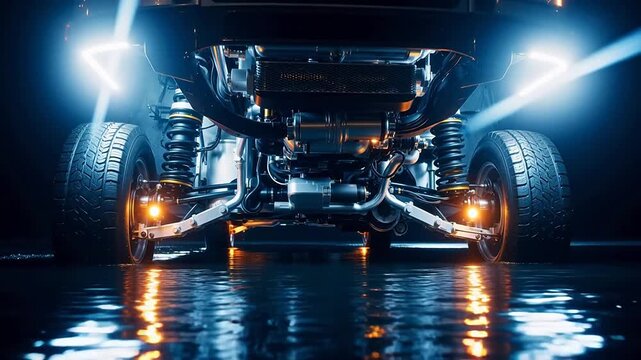 Advanced SUV Suspension Raises for Water Crossing in Slow Motion