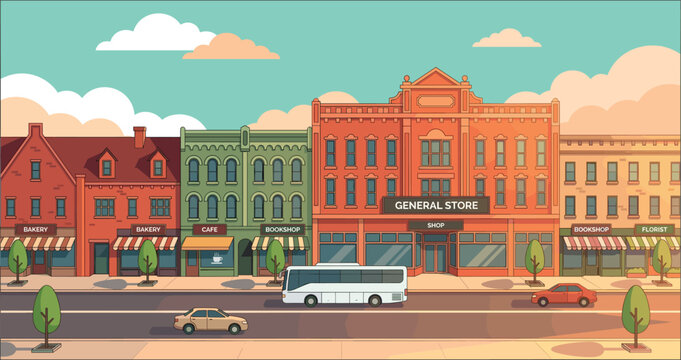 Vintage Main Street Storefronts Illustration with Bus Cars Shops Bakery Cafe and Small Town Urban Road Scene