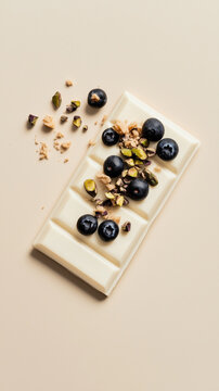 Artisan white chocolate bar featuring meticulous geometric arrangement of whole blueberry, crushed pistachio, and baked crumble
