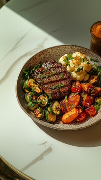 Beef steak, rustic execution featuring charred zucchini, roasted cauliflower, and sauteed tomatoes in a keto-friendly gourmet presentation.