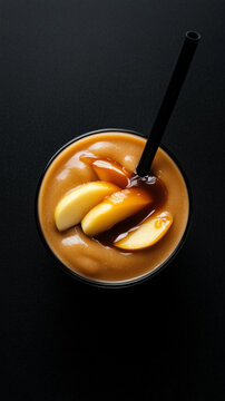 Caramel blended beverage meticulously layered with precision poured amber syrup and fruit slice