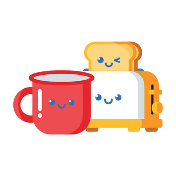 Happy toaster and toast with red coffee mug smiling