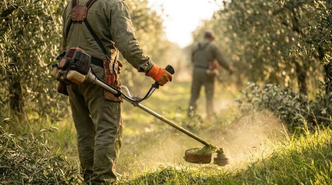 Farmers working in an olive grove with string trimmers.