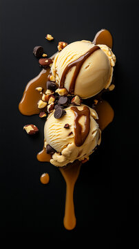 Ice cream scoops with flowing caramel drizzle, artisan presentation featuring crushed almond and dark chocolate textural contrasts.