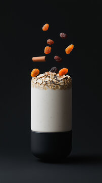 Oat parfait, meticulously layered, featuring levitating apricot, raisin, and cinnamon in a modern plant-based textural study.