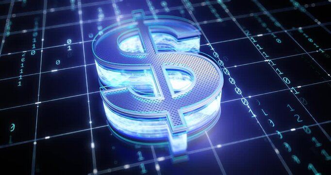 A glowing 3D blue dollar sign sits on a futuristic digital grid surrounded by streaming binary code.