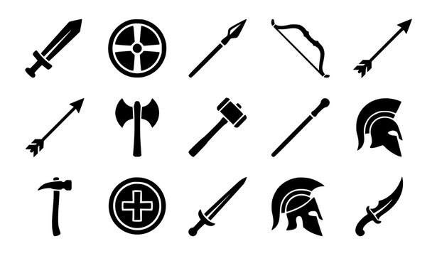 Ancient medieval weapons and warrior equipment silhouette icons