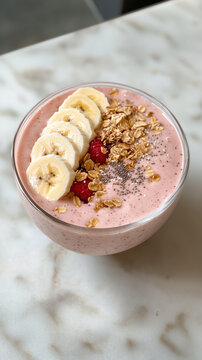 Pink smoothie bowl showcasing plant-based nutrition with meticulously layered banana and crisp granola.