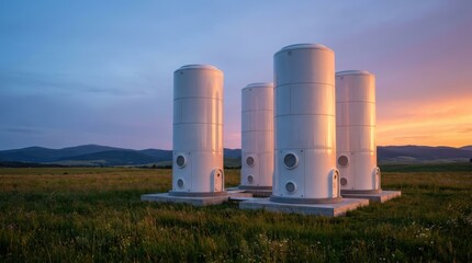 Obraz premium Industrial Storage Tanks in a Field at Sunset.