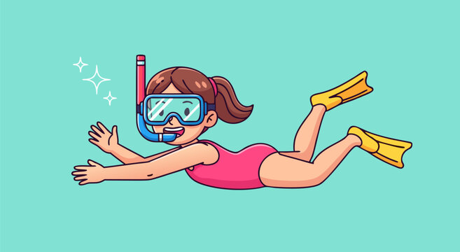 A vector illustration of a woman snorkeling with flippers in the ocean water.