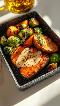Roasted sweet potato with melting topping and charred brussels sprout in a rustic plant-based execution