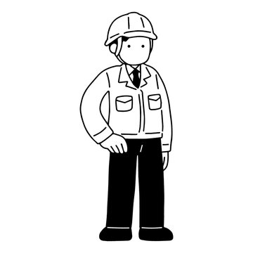 腰に手をあてて立つヘルメットをかぶりスーツに作業服を着た男性の単色イラスト