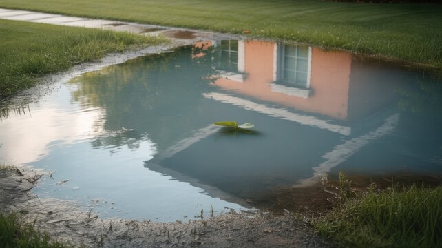 Standing water puddle on a residential lawn surface reflecting a house facade and greenery for home insurance, flood risk assessment and property maintenance campaigns