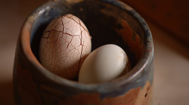 Cracked eggshells in rustic ceramic bowl displaying early food spoilage and natural decay process