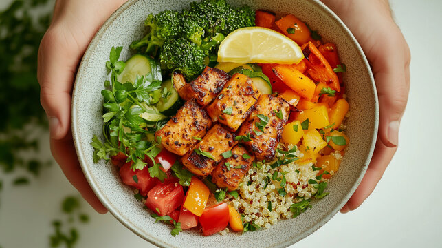Tofu quinoa bowl showcasing a meticulously layered plant-based selection of broccoli, roasted pepper, cucumber and tomato