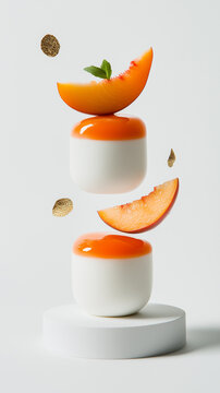White mousse dessert and orange wedge arranged in a levitating fine-dining geometric composition