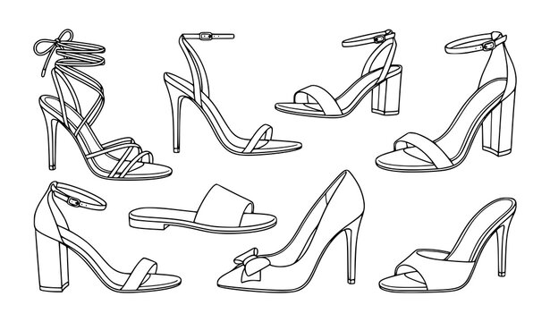 Collection of stylish women's high heel shoes and sandals sketches