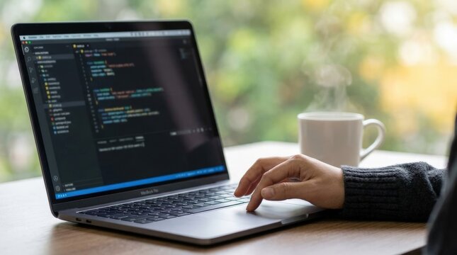 Close-up of a persons hands typing on a laptop with code displayed on screen, a cup of coffee nearby.