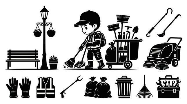 Black and White Glyph Icon Set for Urban Cleaning and Sanitation Services with Street Cleaner and Equipment