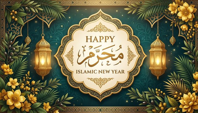 Happy islamic new year with muharram calligraphy and decorative frame.