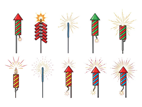 Pyrotechnic colored icons. Holiday sky fire crackers and cracker sparklers color firework rockets isolated on white background, vector illustration