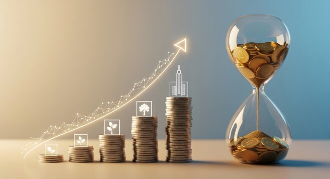 A conceptual illustration of increasing coin stacks with an hourglass representing time and financial growth.