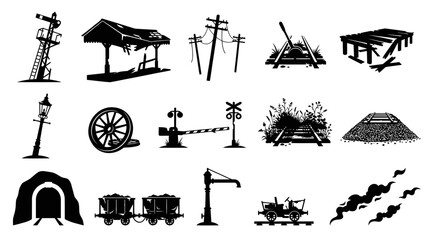 Obraz premium Vintage Railway and Old Train Infrastructure Black White Silhouette Icons Set for Transportation Theme